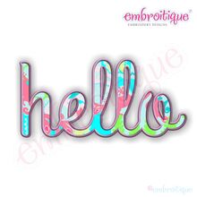 Hello Applique Upright Script Embroidery Design