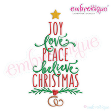 Joy Love Peace Believe Christmas Word Tree - Machine Embroidery File