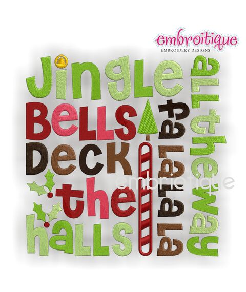 Jingle Bells Deck the Halls Word Block Embroidery Design