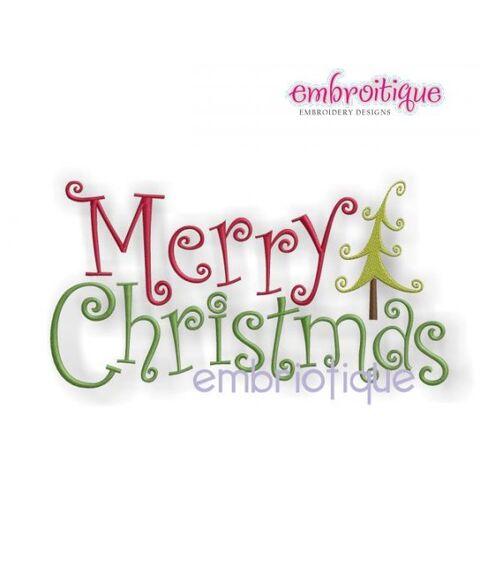 Merry Christmas Whimsical Curly with Tree
