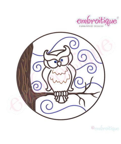 Halloween Swirly Circle Owl in Tree Embroidery Design