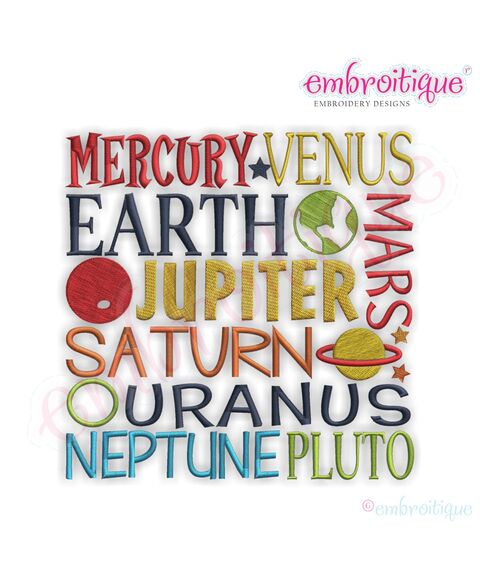 Planet Word Block Embroidery Design