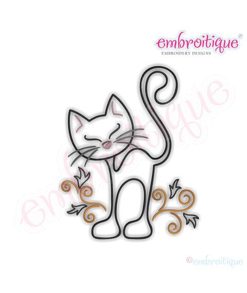 Curly Cat Redwork Outline Embroidery Design