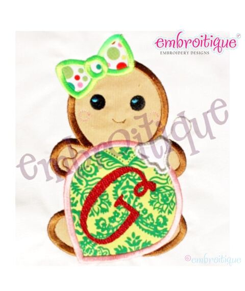 Mrs. Ginger Bread Gingerbread with Ornament and Girl Bow Applique