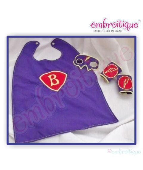 Super Hero Set - Mask, Cuffs, Cape, Lightening Bolt, and Applique Alphabet