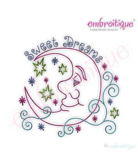 Swirly Moon with Stars Sweet Dreams Embroidery Design