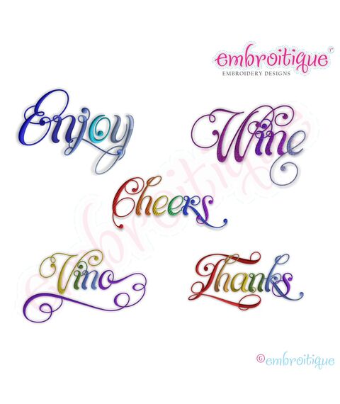 Cheers, Enjoy, Thanks, Vino & Wine Script 5 Embroidery Designs Set