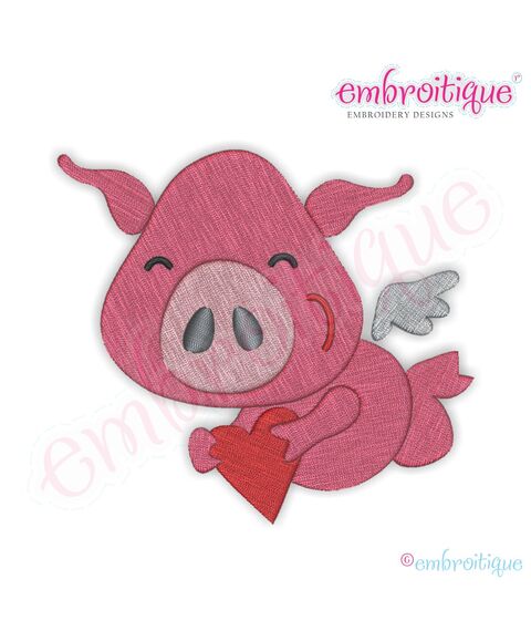 Flying Pig with Heart Filled Embroidery Design