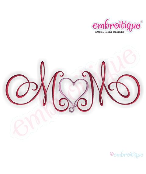 Mom with Heart Calligraphy Script Embroidery Design - Small
