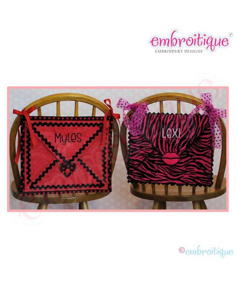Posh and Proper - Envelope Valentine Chair Backer Bags - PDF Sewing & Embroidery Pattern - Includes Heart, Lips, Font