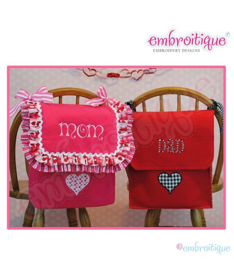 Posh and Proper - Mom and Dad Valentine Chair Backer Bags - PDF Sewing & Embroidery Pattern - Includes Heart Applique