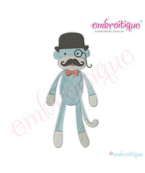 Sock Monkey with Mustache, Hat and Monocle Embroidery Design