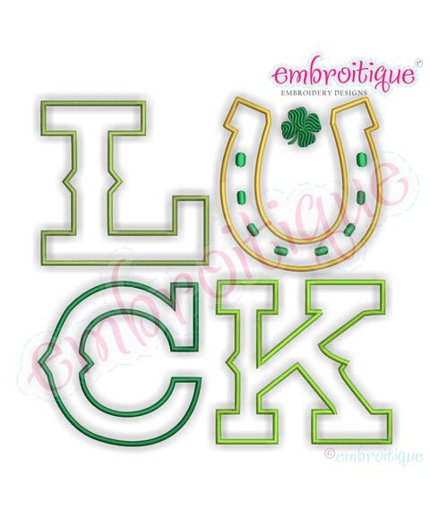 Luck Outlined Word Block with Horseshoe and Clover St. Patrick's Day Embroidery Design