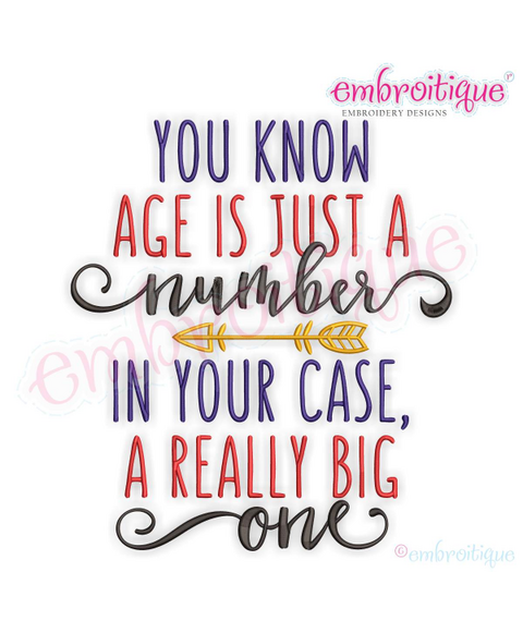 Age is just a number, in your case a really big one funny birthday word art design for machine embroidery