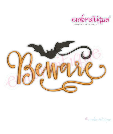 Beware Script with Curly Bat Flourish Halloween Machine Embroidery Design