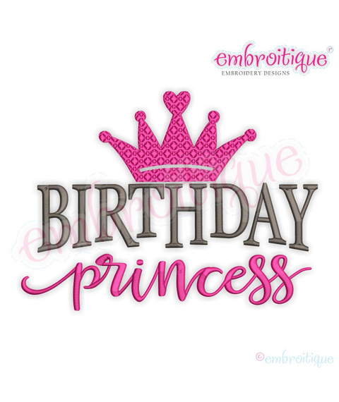 Birthday Princess with Crown Word Art Design for Machine Embroidry