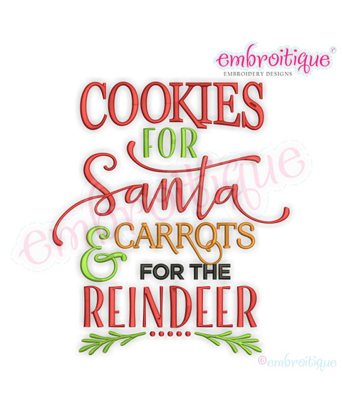 Cookies for Santa Carrots for the Reindeer Christmas Word Art Design for Machine Embroidery