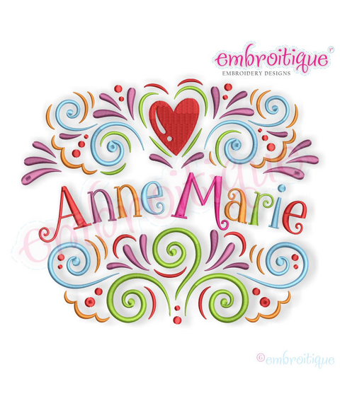 Curly Flourish Font Frame with Heart Whimsical design for Machine Embroidery