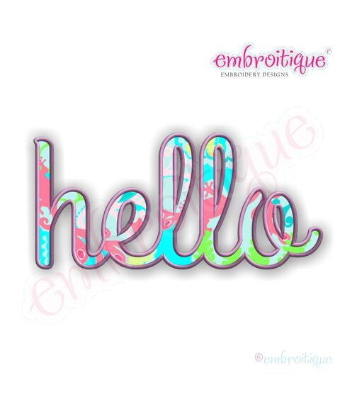 Hello Applique Upright Script Embroidery Design