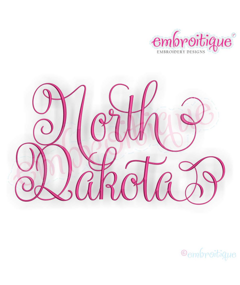 North Dakota Calligraphy Fancy Script 3 USA United States Machine Embroidery Design