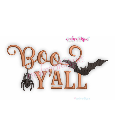 Boo Y'all - Fall Halloween Spider Bat - machine embroidery design