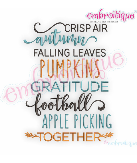 Crisp Air Autumn Falling Leaves - Fall Football Apples Thanksgiving - Machine Embroidery Design