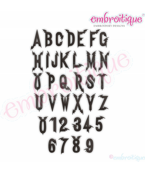 Bat Wing Halloween Font-1", 2", 3", 4", 5"  A-Z, 0-9
