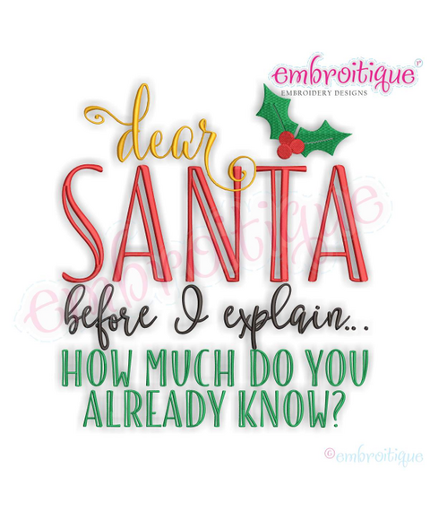 Dear Santa, Before I Explain - How Much Do You Already Know?  - Funny Christmas Holiday - Machine Embroidery Design