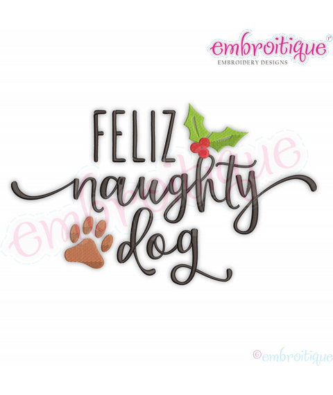 Feliz Naughty Dog Funny Pet Puppy Christmas paw print with holly leaves Embroitique