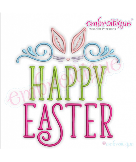 Happy Easter with Bunny Ear Flourish Curly Cute Machine Embroidery Design - Embroitique