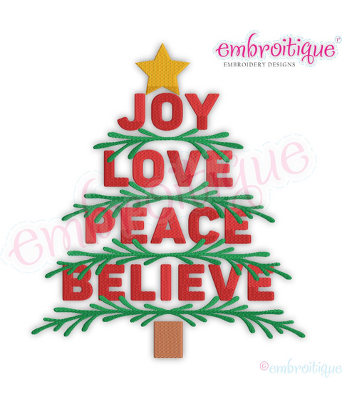 Joy Love Peace Believe Word Art Christmas Tree with Branches and Star Fill Stitch Embroitique Machine Embroidery Design