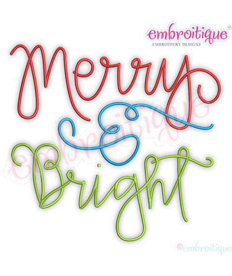Merry & Bright Thin Hand lettered Christmas Embroitique  Machine Embroidery Design