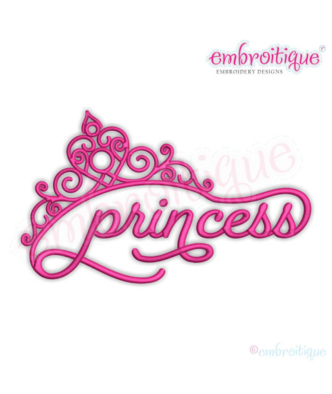 Princess in Script with Tiara -  Pageants, birthdays, parties - Embroitique Machine Embroidery File