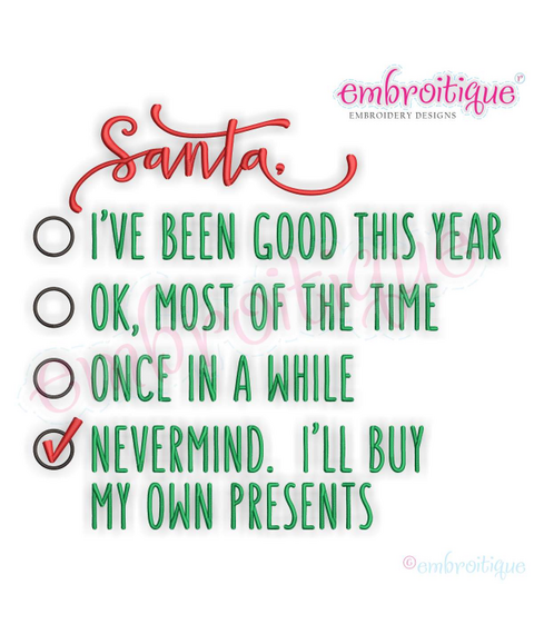 Santa Naughty or Nice Checklist -  Funny Christmas - Embroidery  Machine Embroidery Design