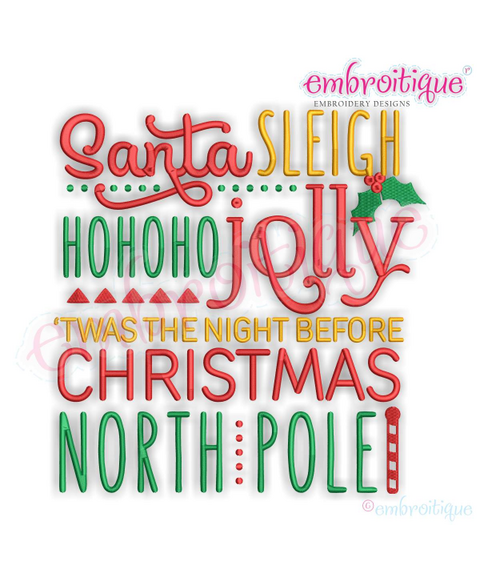 Santa Sleigh Ho Ho Ho Jolly North Pole Christmas Word Block Machine Embroidery Design
