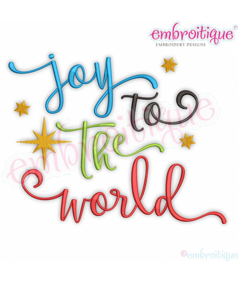 Joy to the World Calligraphy Script with stars Christmas Holiday Xmas Embroitique machine Embroidery Design