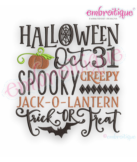 Halloween Oct 31 Word Block - Spooky Creepy Trick or Treat Jack O Lantern Pumpkin  - Machine Embroidery Design