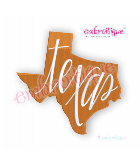 Texas State Shape Hand Lettered Fill Stitch - Embroitique Machine Embroidery Design