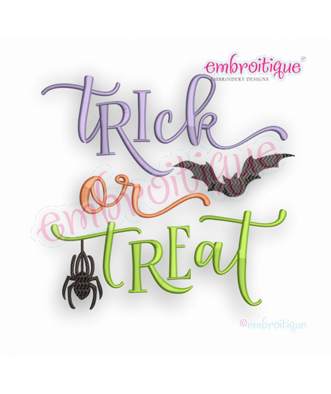 Trick or Treat with Bat & Spider - Fall Halloween Spider Bat - Machine Embroidery Design