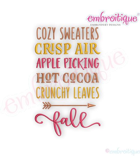Cozy Sweaters Crisp Air Apple Picking Hot Cocoa Crunchy Leaves Fall - Embroitique Machine Embroidery Design