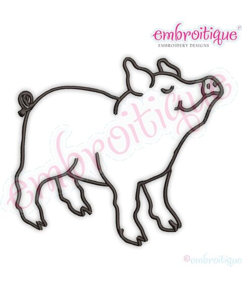 Pig Outline Red Work Farm Animal Machine Embroidery Design