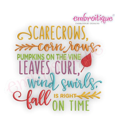 Scarecrows Cornrows Pumpkins on the Vine Leaves Curl Wind Swirls Fall Is Right On Time  - Machine Embroidery Desigjn